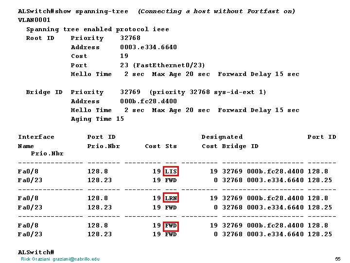 ALSwitch#show spanning-tree (Connecting a host without Portfast on) VLAN 0001 Spanning tree enabled protocol