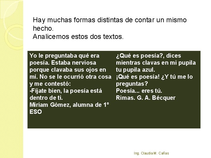 Hay muchas formas distintas de contar un mismo hecho. Analicemos estos dos textos. Yo