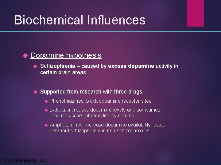 Biochemical Influences Dopamine hypothesis Schizophrenia – caused by excess dopamine activity in certain brain