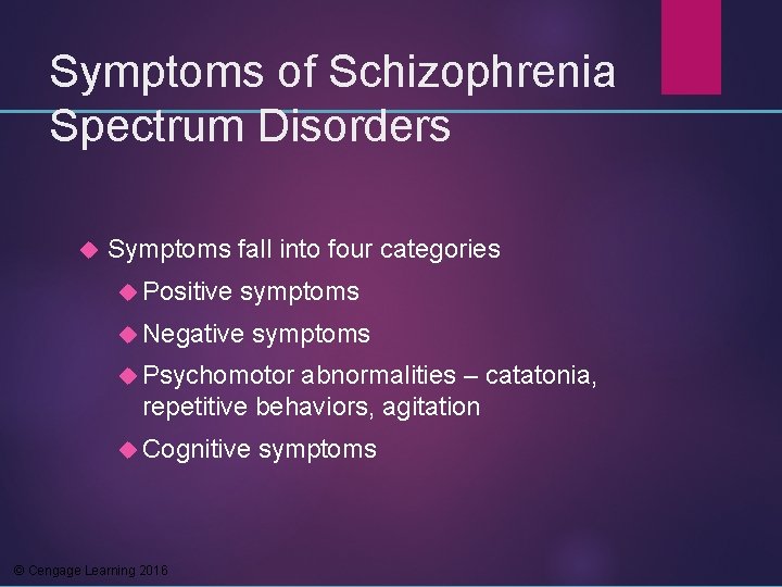 Symptoms of Schizophrenia Spectrum Disorders Symptoms fall into four categories Positive symptoms Negative symptoms