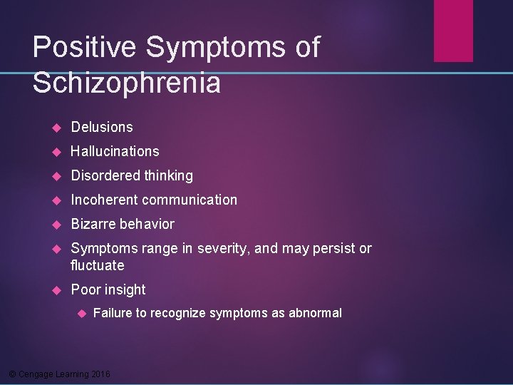 Positive Symptoms of Schizophrenia Delusions Hallucinations Disordered thinking Incoherent communication Bizarre behavior Symptoms range