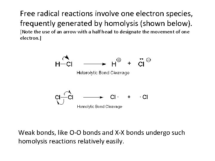 Free radical reactions involve one electron species, frequently generated by homolysis (shown below). [Note