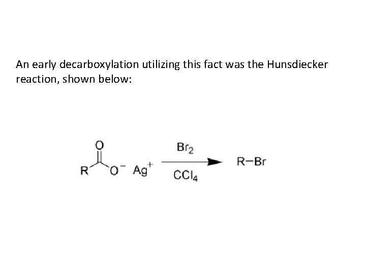 An early decarboxylation utilizing this fact was the Hunsdiecker reaction, shown below: 