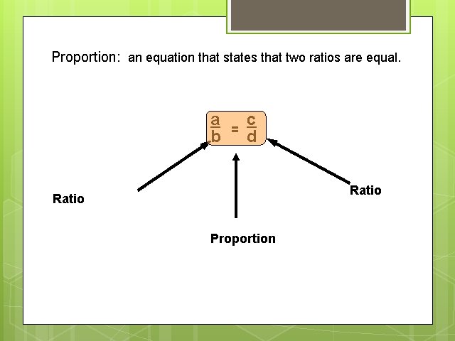 Proportion: an equation that states that two ratios are equal. a b = c