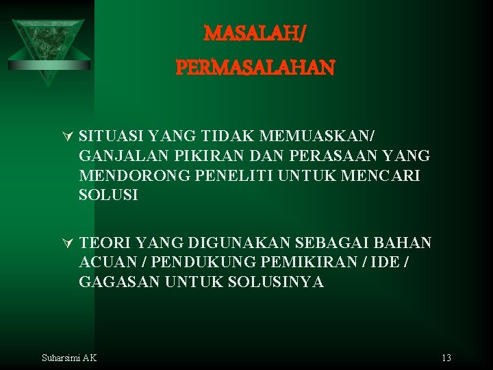 MASALAH/ PERMASALAHAN Ú SITUASI YANG TIDAK MEMUASKAN/ GANJALAN PIKIRAN DAN PERASAAN YANG MENDORONG PENELITI