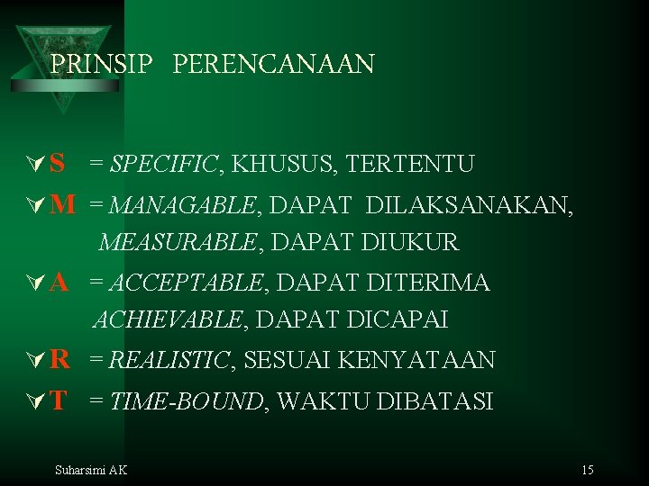 PRINSIP PERENCANAAN Ú S = SPECIFIC, KHUSUS, TERTENTU Ú M = MANAGABLE, DAPAT DILAKSANAKAN,