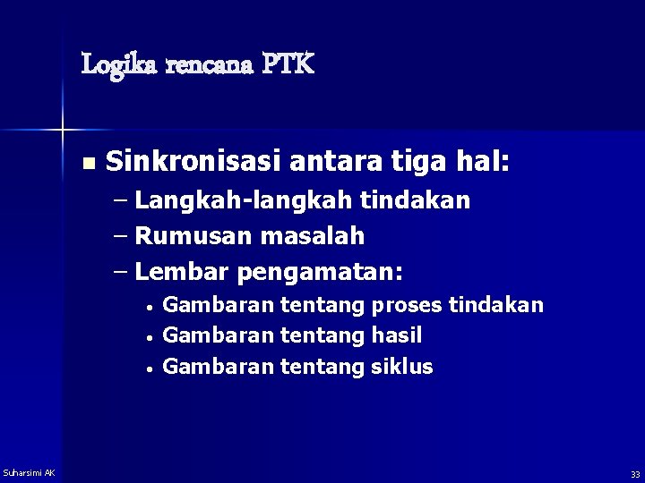 Logika rencana PTK n Sinkronisasi antara tiga hal: – Langkah-langkah tindakan – Rumusan masalah