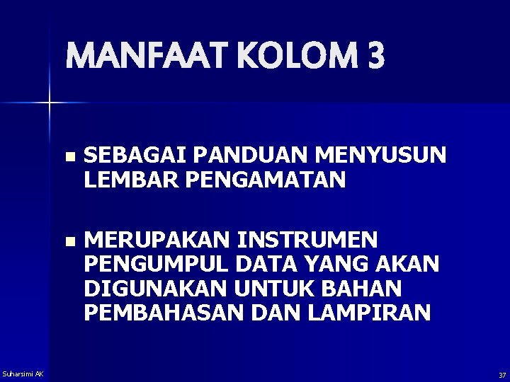 MANFAAT KOLOM 3 Suharsimi AK n SEBAGAI PANDUAN MENYUSUN LEMBAR PENGAMATAN n MERUPAKAN INSTRUMEN