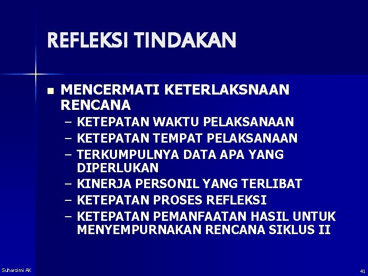 REFLEKSI TINDAKAN n MENCERMATI KETERLAKSNAAN RENCANA – – – Suharsimi AK KETEPATAN WAKTU PELAKSANAAN