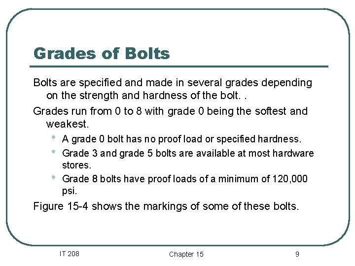 Grades of Bolts are specified and made in several grades depending on the strength