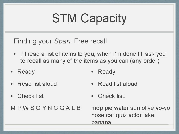 STM Capacity Finding your Span: Free recall • I’ll read a list of items