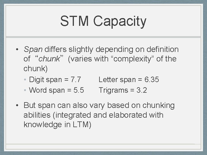 STM Capacity • Span differs slightly depending on definition of“chunk”(varies with “complexity” of the