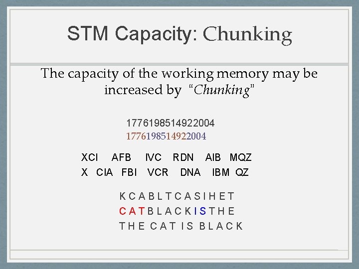 STM Capacity: Chunking The capacity of the working memory may be increased by “Chunking”