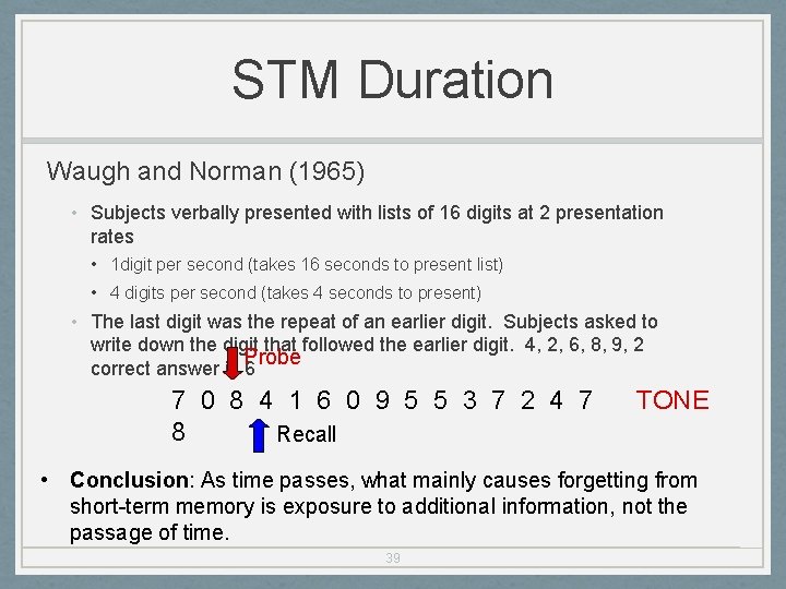 STM Duration Waugh and Norman (1965) • Subjects verbally presented with lists of 16