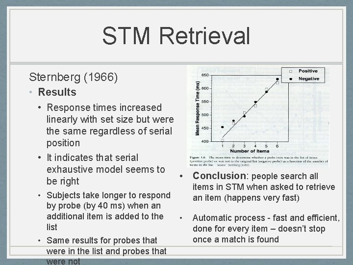 STM Retrieval Sternberg (1966) • Results • Response times increased linearly with set size