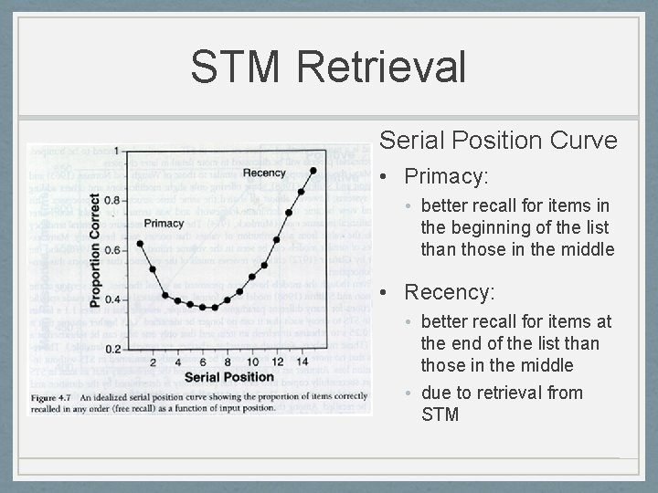 STM Retrieval Serial Position Curve • Primacy: • better recall for items in the