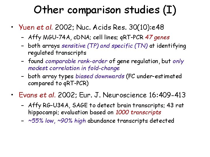 Other comparison studies (I) • Yuen et al. 2002; Nuc. Acids Res. 30(10): e
