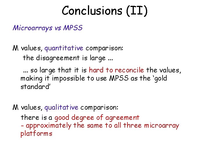 Conclusions (II) Microarrays vs MPSS M values, quantitative comparison: the disagreement is large. .