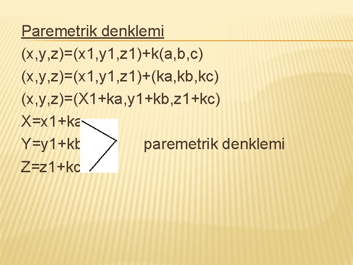 Paremetrik denklemi (x, y, z)=(x 1, y 1, z 1)+k(a, b, c) (x, y,