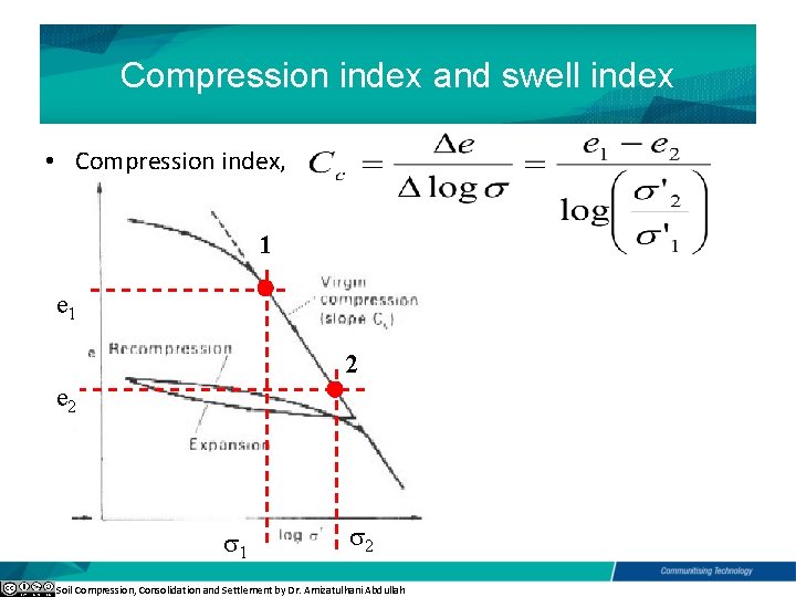 Compression index and swell index • Compression index, 1 e 1 2 e 2