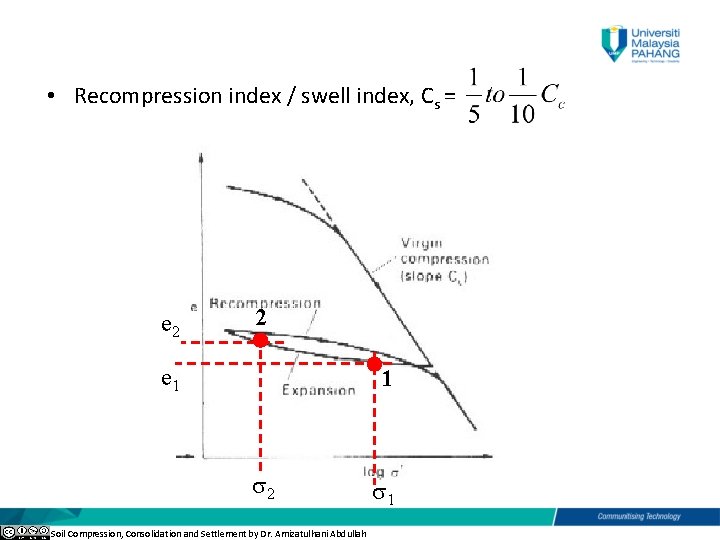  • Recompression index / swell index, Cs = e 2 2 e 1