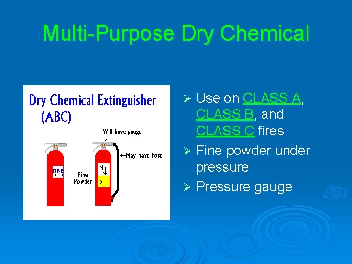 Multi-Purpose Dry Chemical Use on CLASS A, CLASS B, and CLASS C fires Ø