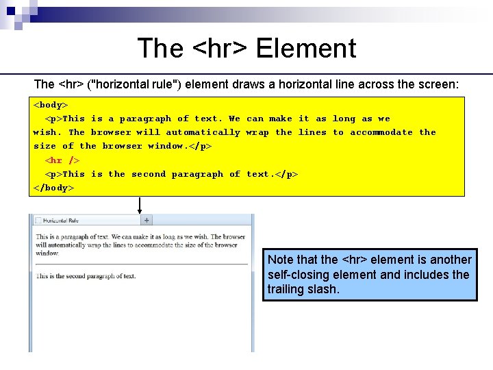 The <hr> Element The <hr> ("horizontal rule") element draws a horizontal line across the