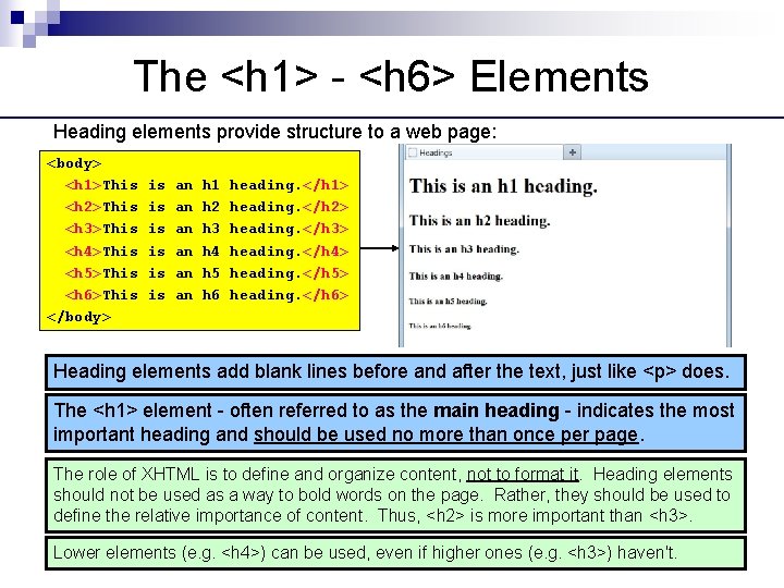 The <h 1> - <h 6> Elements Heading elements provide structure to a web