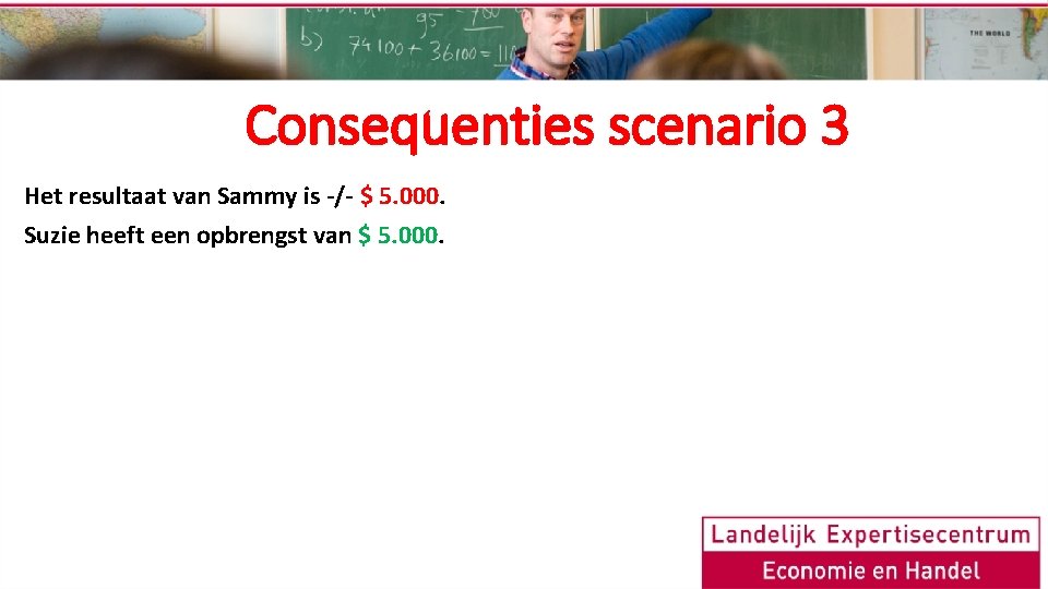 Consequenties scenario 3 Het resultaat van Sammy is -/- $ 5. 000. Suzie heeft