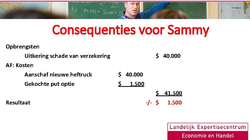 Consequenties voor Sammy Opbrengsten Uitkering schade van verzekering AF: Kosten Aanschaf nieuwe heftruck Gekochte