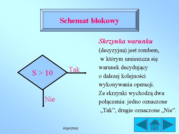 Schemat blokowy Skrzynka warunku S > 10 Tak Nie Algorytmy (decyzyjna) jest rombem, w Schemat blokowy Skrzynka warunku S > 10 Tak Nie Algorytmy (decyzyjna) jest rombem, w