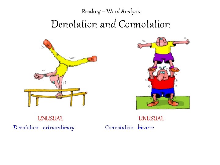 Reading – Word Analysis Denotation and Connotation UNUSUAL Denotation - extraordinary UNUSUAL Connotation -