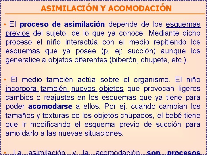 ASIMILACIÓN Y ACOMODACIÓN • El proceso de asimilación depende de los esquemas previos del