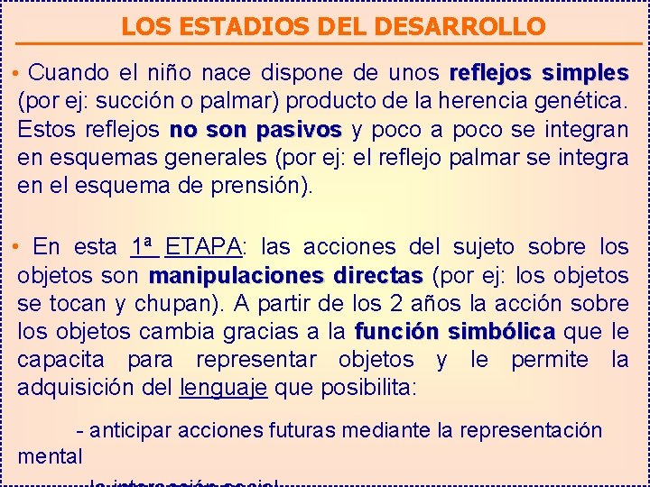 LOS ESTADIOS DEL DESARROLLO • Cuando el niño nace dispone de unos reflejos simples