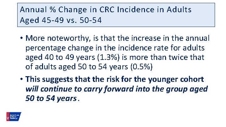 Annual % Change in CRC Incidence in Adults Aged 45 -49 vs. 50 -54