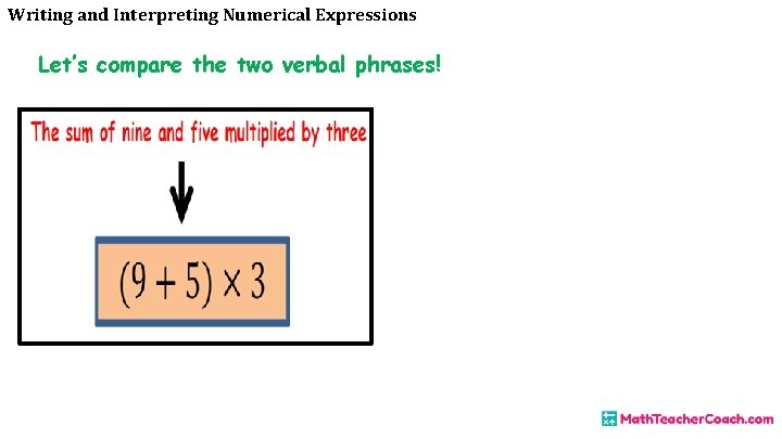 Writing and Interpreting Numerical Expressions Let’s compare the two verbal phrases! 