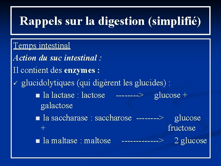 Rappels sur la digestion (simplifié) Temps intestinal Action du suc intestinal : Il contient