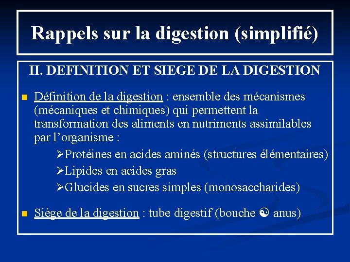 Rappels sur la digestion (simplifié) II. DEFINITION ET SIEGE DE LA DIGESTION n Définition