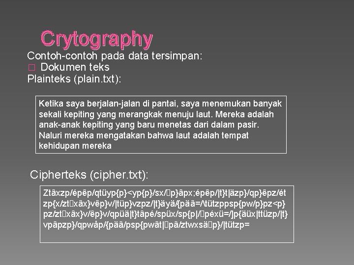 Crytography Contoh-contoh pada data tersimpan: � Dokumen teks Plainteks (plain. txt): Ketika saya berjalan-jalan