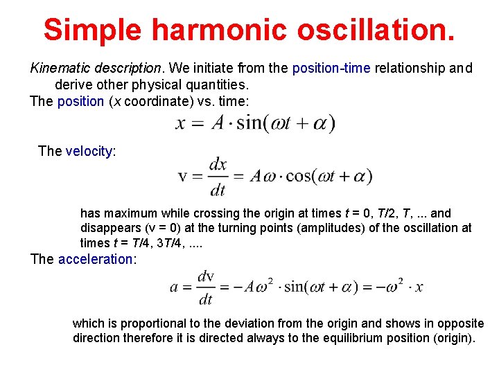 Simple harmonic oscillation. Kinematic description. We initiate from the position-time relationship and derive other