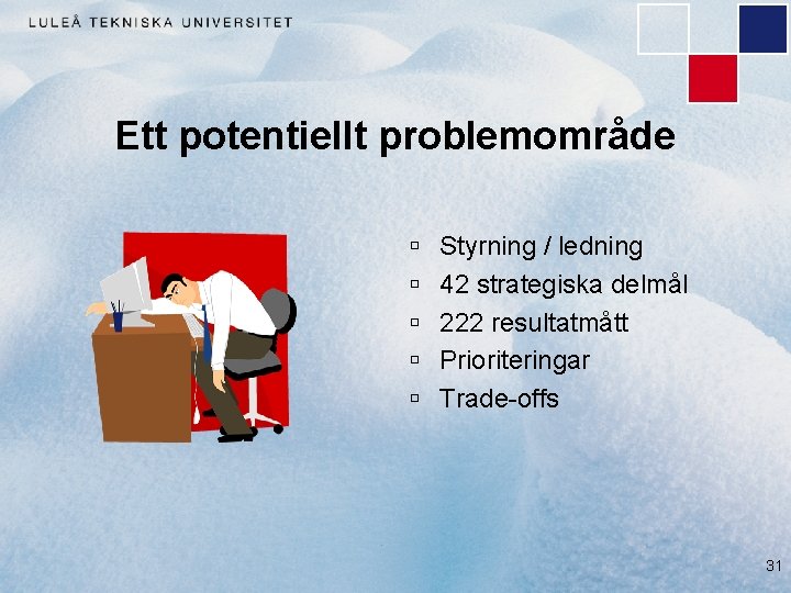 Ett potentiellt problemområde ú ú ú Styrning / ledning 42 strategiska delmål 222 resultatmått