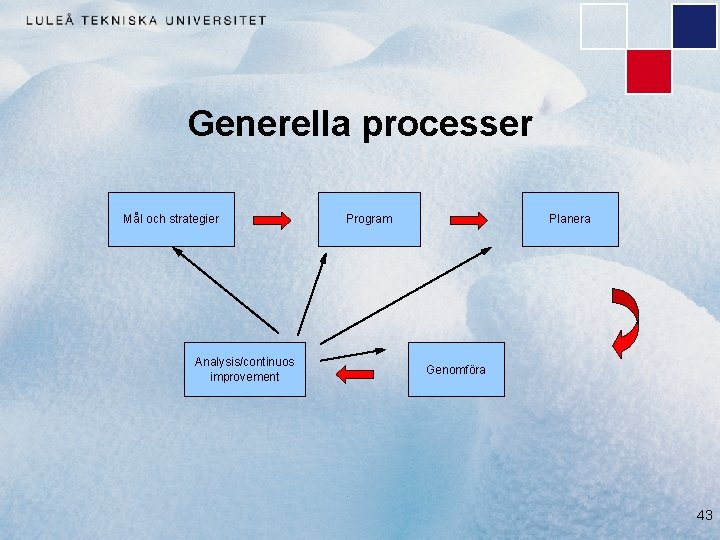 Generella processer Mål och strategier Analysis/continuos improvement Program Planera Genomföra 43 