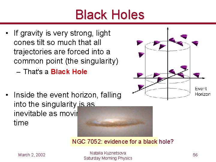 Black Holes • If gravity is very strong, light cones tilt so much that