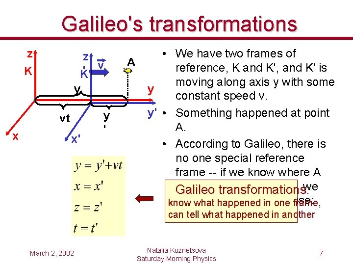 Galileo's transformations z z 'K' v K y vt x x' y ' A
