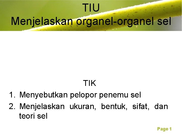 TIU Free Powerpoint Templates Menjelaskan organel-organel sel TIK 1. Menyebutkan pelopor penemu sel 2.
