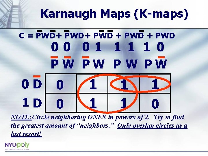 Karnaugh Maps (K-maps) C = PWD+ PWD 00 01 1 0 P W PW