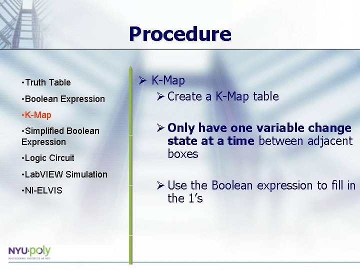 Procedure • Truth Table • Boolean Expression Ø K-Map Ø Create a K-Map table