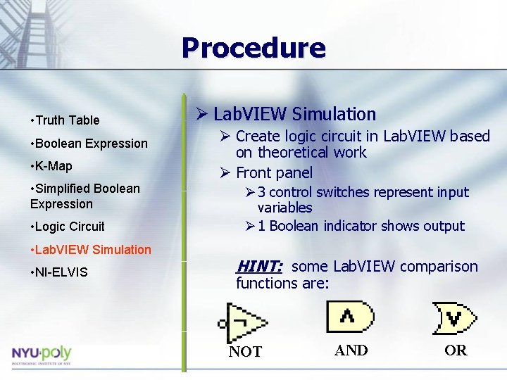 Procedure • Truth Table • Boolean Expression • K-Map • Simplified Boolean Expression •