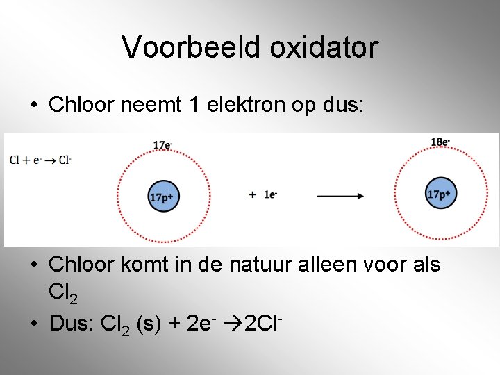 Voorbeeld oxidator • Chloor neemt 1 elektron op dus: • Chloor komt in de Voorbeeld oxidator • Chloor neemt 1 elektron op dus: • Chloor komt in de