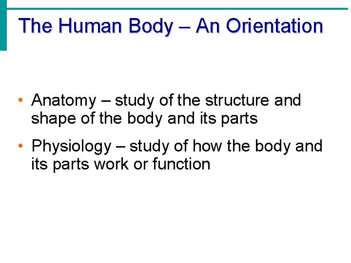 The Human Body – An Orientation • Anatomy – study of the structure and